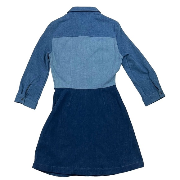French Connection Edie Denim Shirt Dress 3/4 Sleeve Snap Front Color Block 2 New - Picture 5 of 16